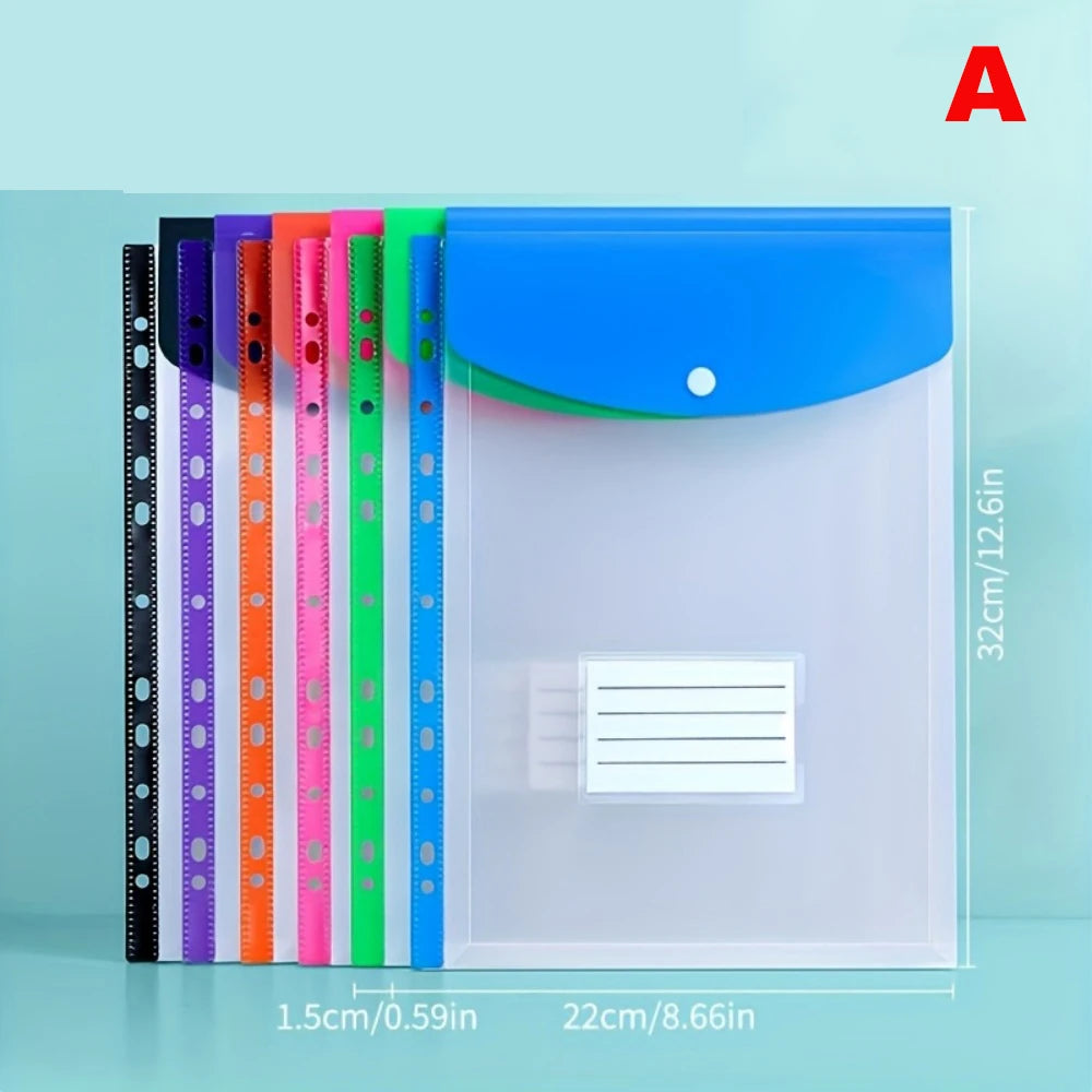 6pcs Plastic Envelope With Adhesive Snaps & 11 Holes File Folder Expansion Bag For 2/3/4 Ring File Bag A4 File Bag School Office