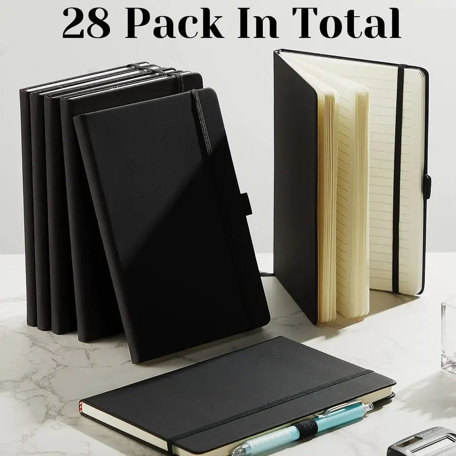 28 Pack PU Leather Lined Notebook Journal Bulk A5 Hardcover Notebook College Ruled 5.5 x 8.2 Inch Journal with Pen Holder for Sc